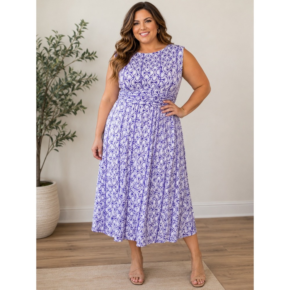 Perceptions New York Purple White Geometric Fan Print Ruched Midi Dr Womens 14